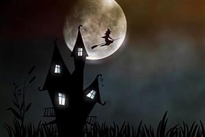 Witch flying past a spooky house in the light of a full moon.